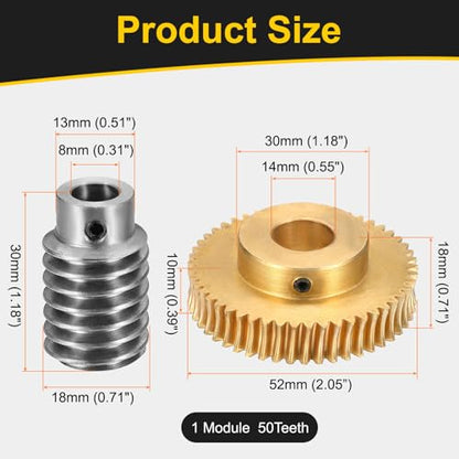 uxcell Worm Gear Set Right Rotation 50T 1 Module 50:1 Reduction Rate - size: Gear-14mm, Worm-8mm Bore, style: 1M-50T