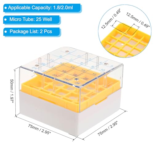 PATIKIL 25 Well Centrifuge Tube Freezer Storage Box, 2 Pcs Polypropylene Tube Rack for 1.8ML and 2.0ML Tubes Vials Samples, Yellow - color: Yellow
