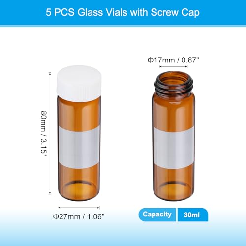 PATIKIL Small Glass Sample Bottles with Lids, 5 Pcs 30ml Amber Glass Vials with White Screw Caps Mini Leak Proof Reagent Sealed Bottles with Writing Label for Solid Liquid Powder Storage - color: White/Amber, size: 30ml