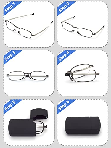 HIGHLIKE Hard Cases Folding Reading Glasses, Pocket Wallet Purse Compact Spring Hinge Readers, Transparent Clear Lens - color: C3, 3 Gunmetal