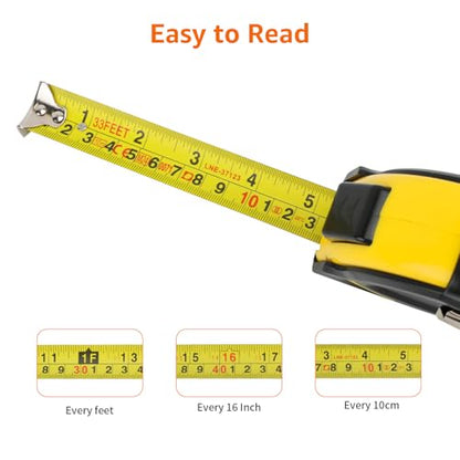 Amazon Basics Self-Locking Tape Measure with Belt Clip, 33 feet (10 m), Inch/Metric Scale, MID Accuracy, Black, Yellow - color: Black, Yellow, size: 10.1 m
