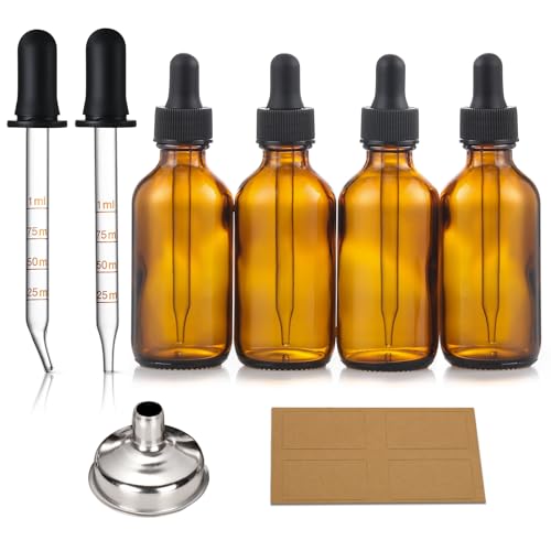 4 Pack, 2 oz Dropper Bottles with 2pcs Glass Pipettes(1ml) - Essential Oils Bottles for Health, Personal Care & Beauty - 60ml Thick Dark Amber Glass Tincture Bottle with Eye Droppers, Leakproof - color: Amber with Eye Droppers and 2 Graduated Droppers
