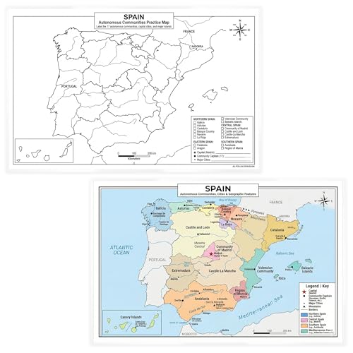 Spain Map Poster 11x17 | Laminated Double-Sided Geography Chart with Color Map Front & Blank Outline Back | Reusable Classroom & Homeschool Learning Tool - color: Spain