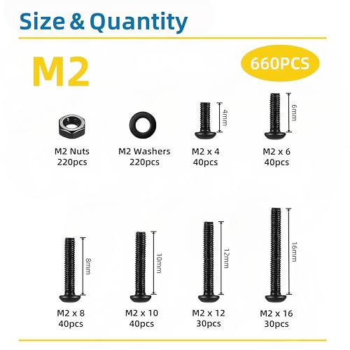 660 Pcs M2 Screws Assortment Kit, M2x4mm/6mm/8mm/10mm/12mm/16mm, Metric Hex Button Head Socket Cap Screws Nuts Washers Kit with Wrench, Black Zinc Plated - style: M2 660Pcs 4mm-16mm