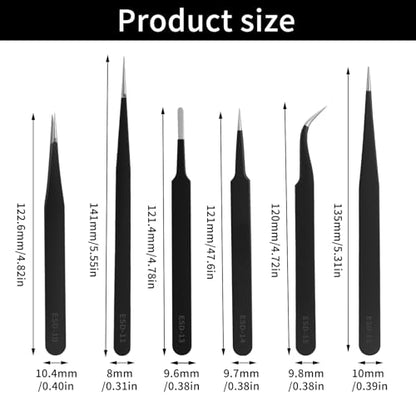 6 pcs Precision Tweezers Set, ESD Tweezers Set, Anti-Static Stainless Steel Tweezer for Electronics Craft Repair Jewelry Making Repair Tweezer Kit(Black)
