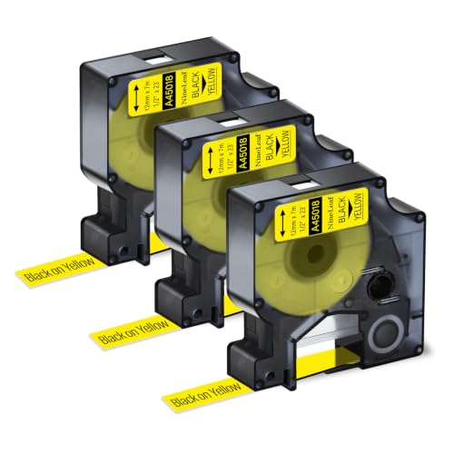 NineLeaf 3 Pack Compatible for Dymo D1 45018 S0720580 Label Tape 12mm 1/2 Inch Black on Yellow Refills Labeler for LabelManager 160 280 360D PNP LabelWriter 450 Duo ColorPop 3M Label Maker - color: Black on Yellow, size: 12mm