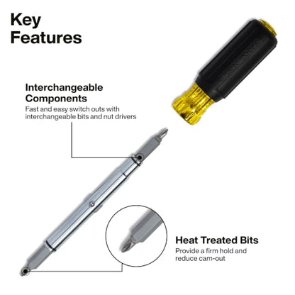 Klein Tools 32500MAG Magnetic Multi-Bit Screwdriver / Nut Driver, 11-in-1 Multi Tool with 8 Bits, 3 Nut Driver Sizes, Cushion Grip Handle - style: Magnetic 11-in-1
