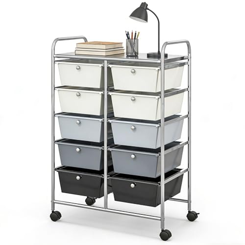 COSTWAY 10 Drawer Rolling Storage Cart, Utility Cart with Lockable Wheels - color: Gray Gradient, size: 10 Drawer