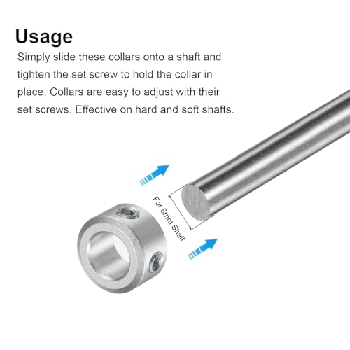 uxcell Set Screw Shaft Collar for 8mm Shaft, 2pcs Clamping Collars 14mm OD, 8mm Thickness, Aluminum Alloy Clamp-On Collar with M4 Set Screws and a Wrench