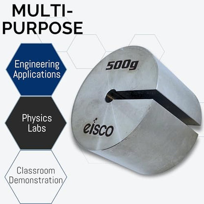 Eisco Labs - 500g (1.1 lb) Stainless Steel Slotted Mass – Durable Precision Weight with 2" Outer Diameter, Slotted for Lab, Physics & Educational Use, Single Pack