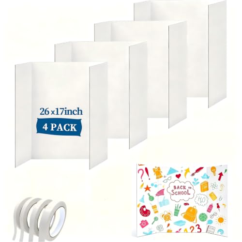 Trifold Poster Board, 4 Pack Large 26" x 17" Heavy-Duty White Corrugated Display Boards, Durable Presentation Board for Science Fairs, School Projects, Event Displays, and Business Presentations