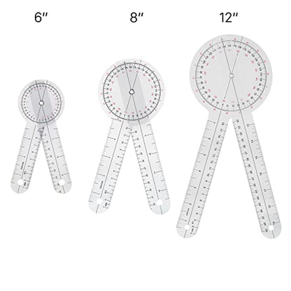 Goniometer Set 3 Pieces of 6/8/12 Inch Occupational Physical Therapy Protractor Tool Measurement Angle Ruler Kit Plastic 360 Degree Universal (3pc)