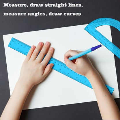 2 Packs 12 Inch Plastic Ruler and 6 Inch Plastic Protractor Set Clear Math Geometry Set Classroom Set Angle Detector School Supplies Classroom Ruler Home Office Drawings (Blue) - color: Blue