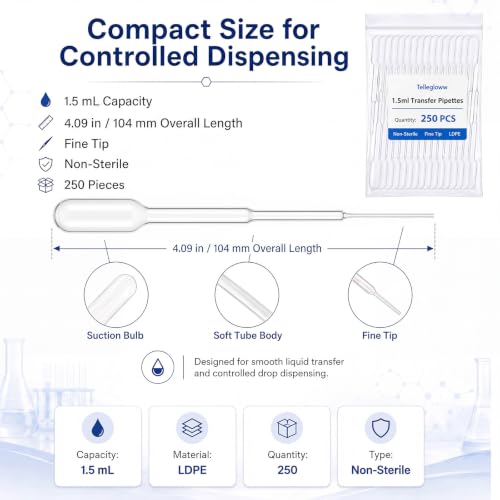 Tellegloww 250 Pcs 1.5ml Transfer Pipettes, Fine Tip LDPE Liquid Dropper - size: 1.5ml