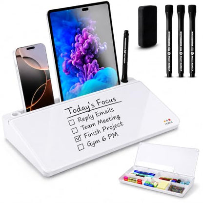 HURUC Desk Buddy Glass Desktop Whiteboard – Desk Board Buddy Hidden Storage - color: White