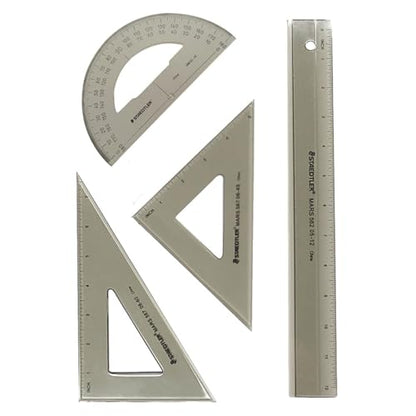STAEDTLER College Combination Set - Triangle, Protractor & Ruler Set, Transparent Smoke Plastic with Beveled Edges, 4-Piece Set