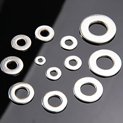 Linkup 550 Pcs SAE Flat washers for Screws for Bolts 2# 4# 6# 8# 10# 12# 3/16'' 1/4'' 5/16'' 3/8'' 7/16'' 1/2'',(18-8) 304 Stainless Steel washers Assortment kit, ANSI/ASME B18.22.1 Metal Washers Set - size: SAE 550pcs set