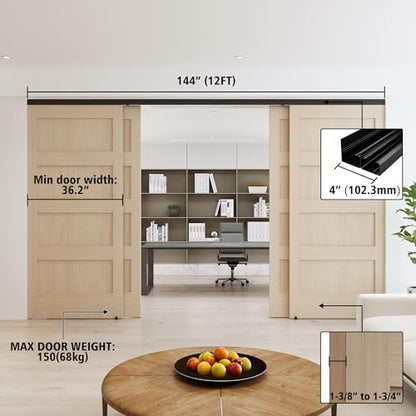 Heavy Duty Bypass Sliding Closet Door Track Hardware 144", 12 FT Aluminium Track Rail Set, Smoothly and Quietly, for 4 Door System,Black - size: 12FT-B-4Door