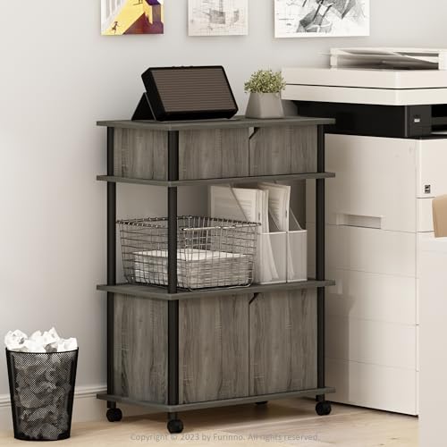 Furinno Turn-N-Tube Toolless Multipurpose Printer Stand Display Storage Shelf Cabinet with Wheels, French Oak Grey/Black - color: French Oak Grey/Black, size: Cabinet with Wheels