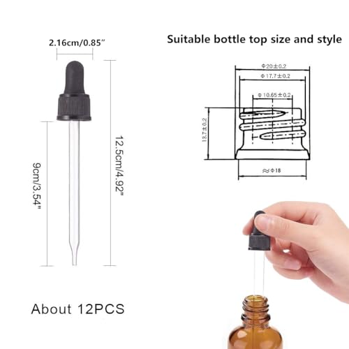 PH PandaHall 18-410 Glass Eye Droppers for Essential Oil, Set of 12 Pressure Rotating Cover Oil Droppers Pipettes Roller Tops for 100ml Dropper Bottles, Perfume, 12.5x2.16cm, Inner diameter 1.93cm - color: Fit for 100ml bottle