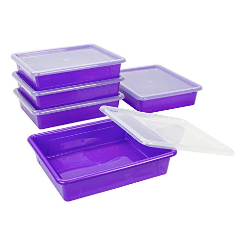 Storex Letter Size Flat Storage Tray – Organizer Bin with Non-Snap Lid for Classroom, Office and Home, Violet, 5-Pack (62540U05C)