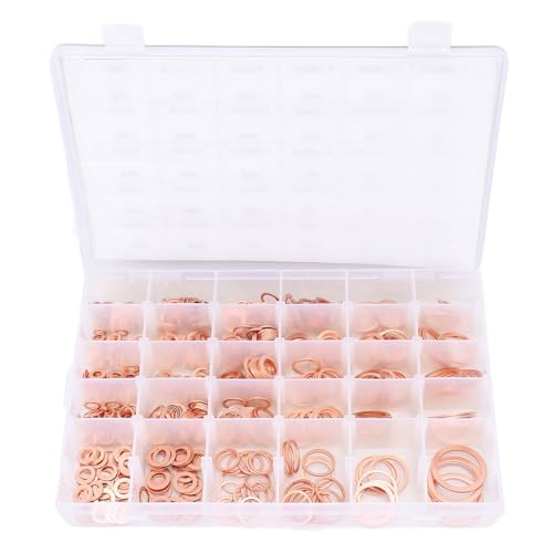 568pcs Copper Washers Assortment Kit, 30 Sizes M5-M28 Metric Oil Drain Plug Gasket Seal Kit, Flat Sealing Crush Washers Assortment Set for Automotive, Plumbing, Electrical, Mechanical Use, IMPA813080
