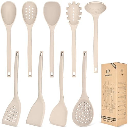 BUNDLEPRO Silicone Cooking Utensils Set, 9 Pcs Kitchen Utensils, One-Piece - color: Khaki