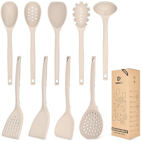 BUNDLEPRO Silicone Cooking Utensils Set, 9 Pcs Kitchen Utensils, One-Piece - color: Khaki