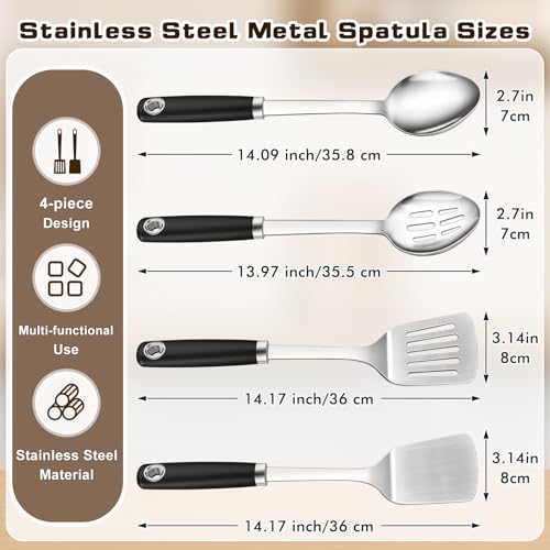 4 Pcs Cooking Utensils Set, Stainless Steel Kitchen Utensils, Heat Resistant Metal Kitchen Tools Include Solid & Slotted Turner Wok Spatula, Serving Spoon, Ergonomic Handle, Easy to Clean, Silver - color: C. 4 Pieces