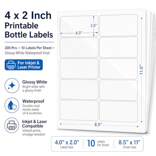 200 Pcs Bottle Labels 4x2 inch Printable Glossy White Waterproof Vinyl Sticker Labels for Inkjet or Laser Printer - size: 4x2 inch