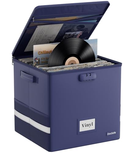 DocSafe Vinyl Record Storage Box with Lock, Fireproof＆Water Resistant Record Organizer for 100+ Single Records(12-inch), Collapsible Storage Crate with Lid&Handles for Valuable Album Collection, Blue - color: Blue, size: 13"x13"x13", 1 pack