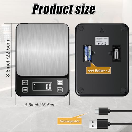 Waterproof Kitchen Scale, 5kg/11lb Food Scale Precisely Measures Grams and Ounces for Baking and Cooking, Stainless Stee Digital Scale with Backlight for Food - style: Rechargeable / 11lbs