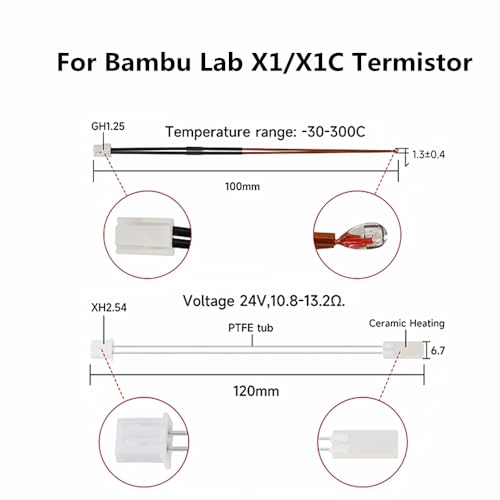 24V 48W Ceramic Heater Thermistor Kit High Temperature Sensor with Fixing Clip and Silicone Sock Compatible with Bambu X1 X1-C (for X1/X1-Carbon) - style: For X1/X1-Carbon
