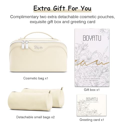 BOYATU Travel Makeup Bag Organizer Cosmetic Bag: 3 Pcs Set Make up Bags for Women with Handle - Waterproof Vegan Leather Toiletry Bags Travel Essentials Pouch with Compartments (C-04-White) - color: 04-B-White