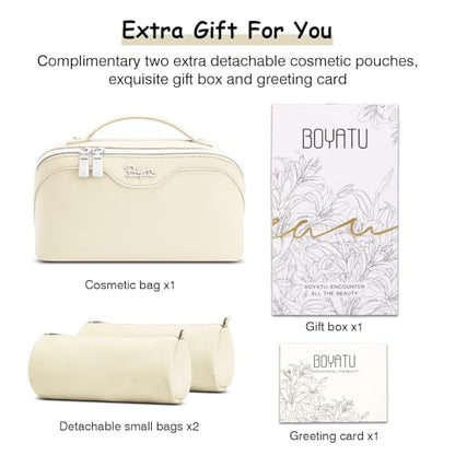 BOYATU Travel Makeup Bag Organizer Cosmetic Bag: 3 Pcs Set Make up Bags for Women with Handle - Waterproof Vegan Leather Toiletry Bags Travel Essentials Pouch with Compartments (C-04-White) - color: 04-B-White