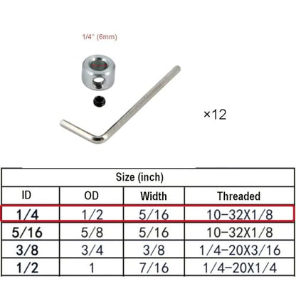 1/4" Bore Shaft Collar 12Pcs Zinc Plated Solid Steel Screw Style 6mm Bore Lock Collars with 1/4” Bore Size,1/2” Outer Diameter, and 5/16” Width