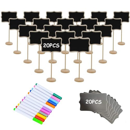 20PCS Wood Mini Chalkboard Sign and Replacement Stickers, Food Labels for Party Buffet,Blackboard for Message Board Signs,Weddings Place Cards, Birthday Party