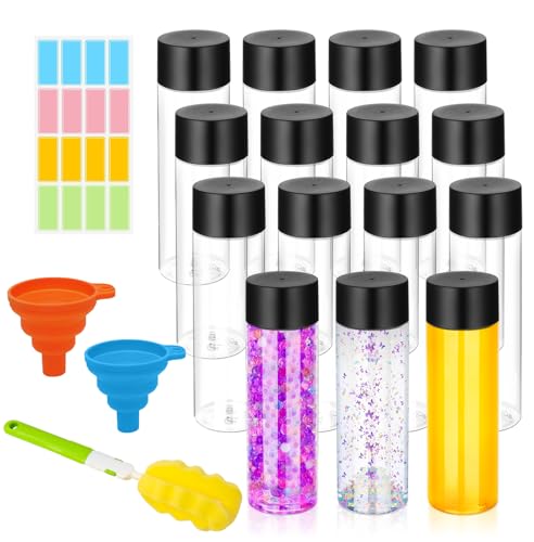 DI QIU REN 16 Pack Clear Plastic Bottles Empty Sensory Bottles with Caps – Reusable Juice Bottles Drink Containers Leakproof Water Bottle for Juice Milk (Black Lids, 13.5 oz / 400 ml) - size: 16 Pack 13.5 oz/ 400 ml