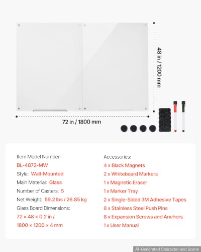 VEVOR Glass Dry Erase Board 72 x 48 in White Magnetic Whiteboard - color: White, size: 72"W x 48"H