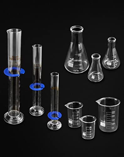 QWORK Lab Glassware Set, Beaker Flask Cylinder Set, 9 Pieces - Includes 3 Erlenmeyer Flasks, 3 Beakers, & 3 Grade A Graduated Cylinders - Borosilicate 3.3 Glass