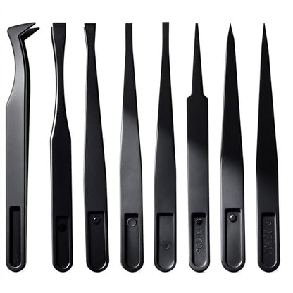 8-Piece Anti-Static Precision Plastic Tweezers Set - 4.5 Inch Curved & Straight Tip Tweezers for Electronics, Watch Repair, Crafts, and Lab Work