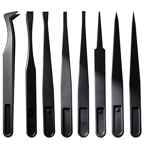 8-Piece Anti-Static Precision Plastic Tweezers Set - 4.5 Inch Curved & Straight Tip Tweezers for Electronics, Watch Repair, Crafts, and Lab Work