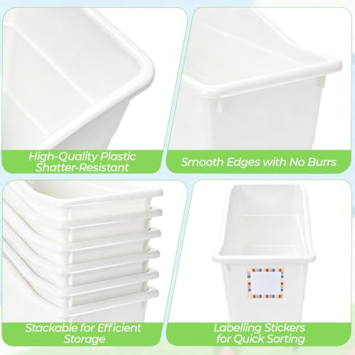 12 Pack Book Bins for Classroom Stackable Plastic Storage with Labels - color: White