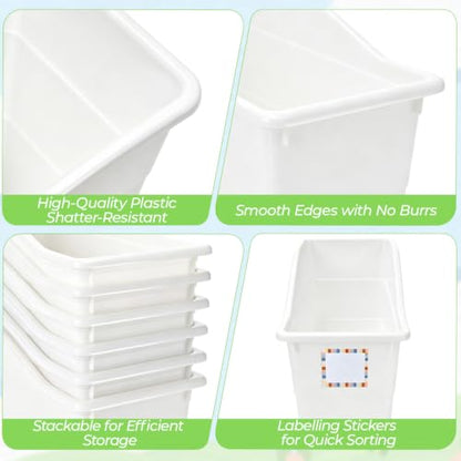 12 Pack Book Bins for Classroom Stackable Plastic Storage with Labels - color: White
