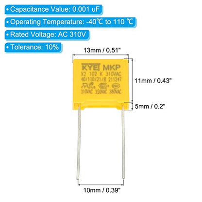 PATIKIL Safety Capacitors, 10 Pack 0.001uF AC 310V 10mm Pin Pitch 13x11x5mm Polypropylene Film Capacitor Assortment Kit for DIY Electronic Products - style: 0.001 uF