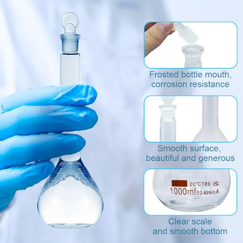 1pcs 5/10/20/25/50/200/500/1000ml Class A Borosilicate Glass Lab Clear Volumetric Flask with Head Stopper (1000ml) - size: 1000ml