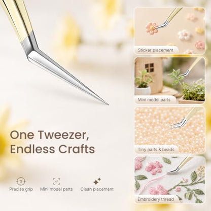 Craft Tweezers, Precision Tweezers for Stickers with Pouch Yellow - color: Yellow