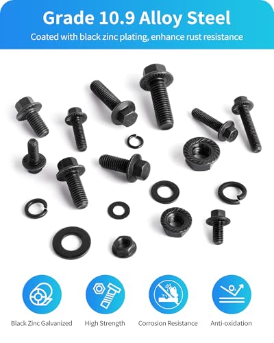 300Pcs Metric Flange Bolt Assortment, M6 M8 M10 Flange Hex Bolts and Nuts Washers Kit, Alloy Steel Class 10.9 Black Zinc Plated, M6x1.0, M8x1.25, M10x1.5 (12mm to 30mm) (Black) - color: Black