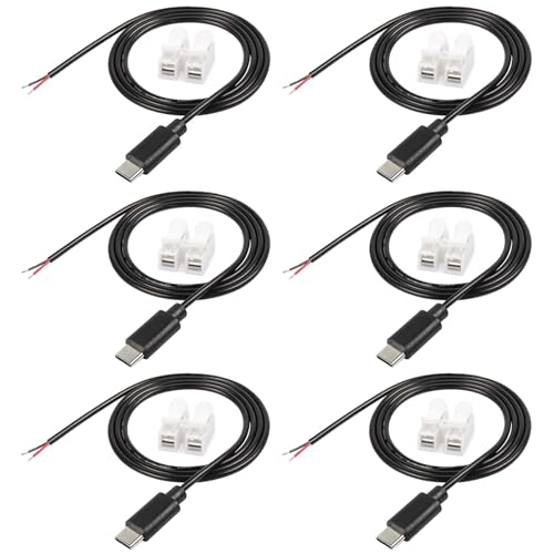 USB Type-C Pigtail Cable Extension Power Cable 22AWG Carrying Current 3A Voltage 3V 5V 9V 24V 12V 24V USB-C Plug to 2 Pin Bare Wire Open End Connector for DIY - 1M/3.3FT 6PCS (Type C Male) - size: 6pcs-3.3Ft-Type-C Cable