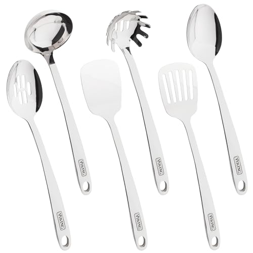 Viking Kitchen Utensils Set, 6 Piece Stainless Steel Cooking Utensil Set, Includes Spatulas, Spoons, Pasta Fork, and Deep Ladle, Hollow Forged, Silver - size: 15.5" x 4.75", style: 6-Piece Set